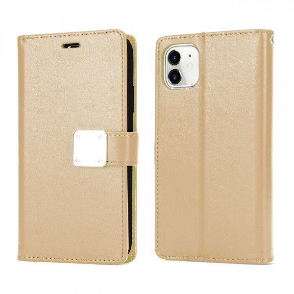 Wholesale Multi Pockets Folio Flip Leather Wallet Case with Strap for iPhone 12 Pro Max 6.7 (Gold)